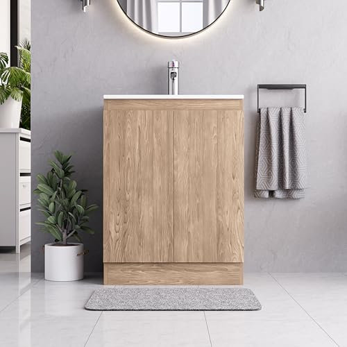 BELOFAY Vanity Unit With Basin | 600mm Floor Standing Bathroom Vanity Units With Basin | 1 Tap Hole Ceramic Bathroom Sink | Lacquered Finish | Waste Included (Denvor Wood Grains)