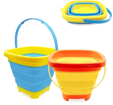 Beach Bucket for Kids, 2 Pack Collapsible Sand Bucket & Water Pails with Handles, Beach Sand Toys for Boys Girls Children Summber Beach Camping, Travel Outdoor Play