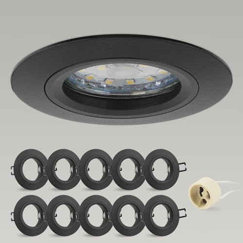 CongShine 10x infälld spotlight GU10 aluminium, svart infälld spotfäste monteringsram med GU10-uttag, rund takspot 68 mm extra platt för LED-lampor, monteringshål ø60–70 mm 230 V