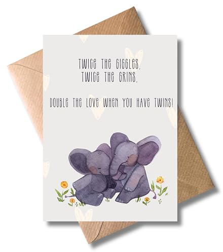 WBdesignz Biglietto di nascita Twice the Giggles, Twice the Grins con busta, dolce biglietto di auguri per la nascita di gemelli con motivo elefante (DIN A6)