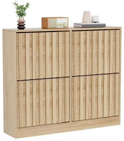 UEV Schuhschrank mit 4 Klappen Holz Schmal Schuhkipper Schuhkommode mit Kippschutz, Schuhaufbewahrung, Flurkommode Schuhregal Flur, Verstellbare Trennwände für Verschiedene Schuhtypen Natur