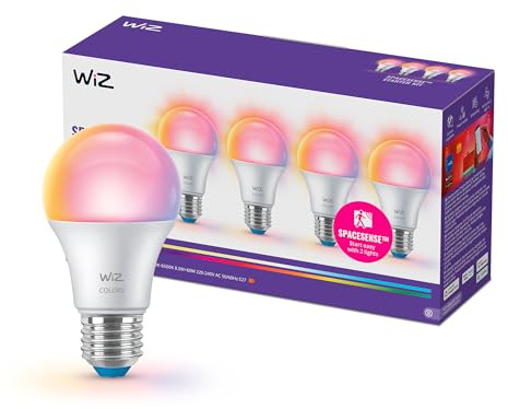 WiZ Ampoule LED connectée A60, Multicolore et Blanc ajustable, Culot E27, Équivalent 60 W, 2200-6500 K, 806 lumens, Intensité réglable, Compatible Alexa, Google Assistant et Apple Home, pack de 4