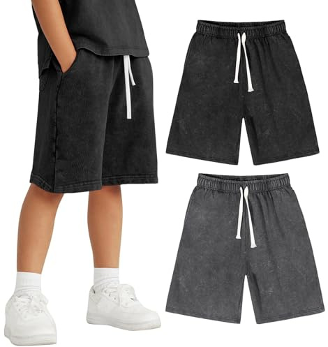 Yimoon Boys Shorts Cotton Athletic Shorts Acid Wash Kids Summer Active Shorts with Pockets(BlackDarkgrey-9Y)
