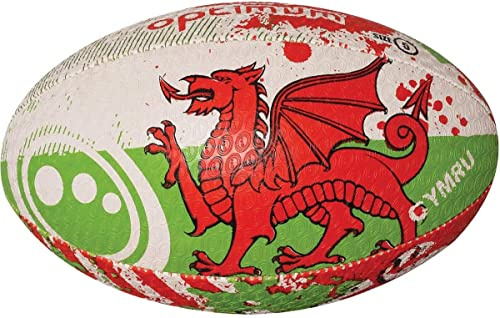 Optimum Nationell rugbyboll – ikonisk stil bra flygning och lufthållning – gummikudlad yta för förbättrat grepp – perfekt för träning och faktiskt spel – 2-lagers 410 g boll – Wales, storlek 3