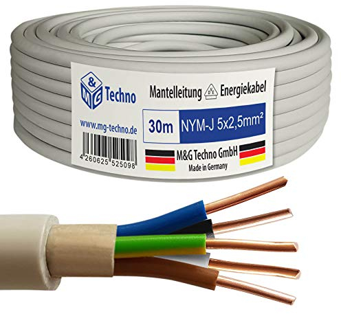M&G Techno 30m NYM-J 5x2,5 mm² Mantelleitung Feuchtraumkabel Elektrokabel Kupfer Made in Germany, grau