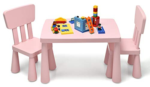 LIFEZEAL Kindertisch mit 2 Stühlen, Niedliche Kindersitzgruppe aus Kunststoff, Kindermöbel mit Rückenlehne & Runden Kanten, Kindertisch und Stuhl Set für Mädchen & Jungen (Rosa)
