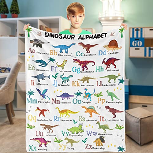 Dinosaur Alphabet Blanket, Dino Throw Blanket, Soft Cozy Flannel Dinosaur Blanket, Fluffy Fuzzy Jurassic Dinosaur Theme Fleece Blankets for Kids Child Toddler Girls Boys Gifts Sofa Couch, 101x127cm