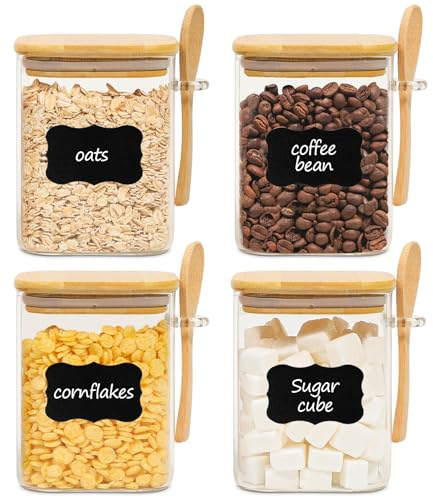 ComSaf 800ml Glass Jars with Bamboo Lids & Spoons Set of 4, Square Glass Containers with Lids, Tea Sugar Coffee Containers Salt Spice Jars, Pantry Storage Container for Loose Tea, Brown Sugar, Nuts