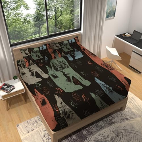 Spanbettlaken 140x200 Dunkelbrauner Wolf Spannbetttuch Tier Bettlaken Boxspringbett mit Gummizug Spannbettuch Mikrofaser für Matratzen von 30 cm Mit 2 Kissenbezüge 80x80 cm