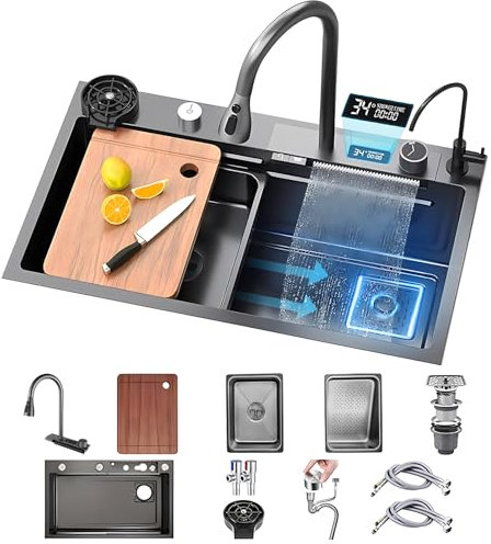 KOOGIMDDR Fregadero de cocina con cascada, 80 × 45 cm, grifo de cascada LED, tabla de cortar deslizante y lavavajillas de alta presión, compacto y multifuncional