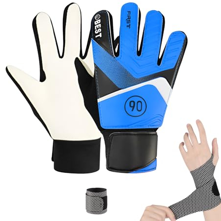AUSYIWI Torwarthandschuhe Kinder - Fußball-Torwarthandschuhe für Kinder und Jugendliche, Fußballhandschuhe mit Klettverschluss, erhältlich in DREI Größen + EIN Handgelenkschutz ist enthalten(blau 7#)