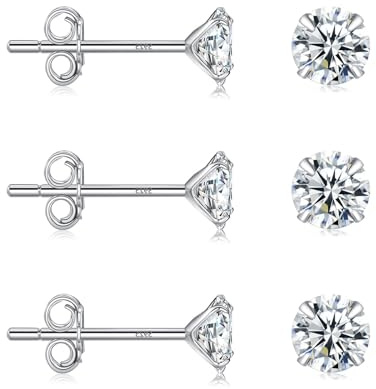 Ecripe 3 Paar 925 Sterling Silber Ohrringe für Frauen, Hypoallergen Cubic Zirkonia Ohrstecker Set, Komfortable Ohrringe Echt Silber Geschenk für Damen (Silber 4mm)