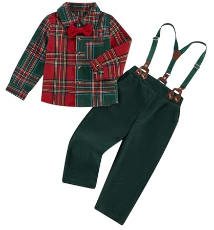 Geagodelia 2 Pezzi Completo Bambino di Natale Gentiluomo Camicia Maniche Lunghe+Pantaloni con Bretelle Tuta Natalizia Elegante per Ragazzi 1-7 Anni (Rosso, 2-3 Years)