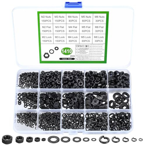 Lot de 1410 rondelles plates en acier au carbone et écrous hexagonaux et rondelles à ressort en acier au carbone M2, M3, M4, M5, M6, écrous de sécurité, rondelles de sécurité, noires