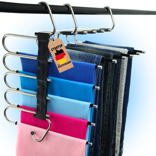 WohnZauber Kleiderbügel platzsparend 1X mehrfach Hosenbügel mit Rutschschutz - 5in1 Hosenaufhängung - Kleiderschrank Organizer (Schwarz)