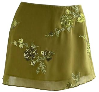 Floerns Women's Sparkly Sequin Mini Skirt Y2K Beaded Floral Embroidery Hip Skirts Green Large