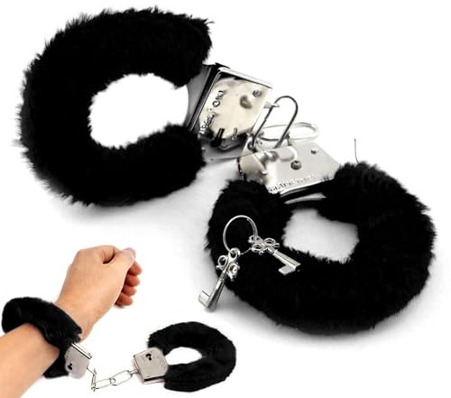 The Fancy Dress Fluffy Fur Handcuffs Adult Women with Keys, Roleplay Accessories for Valentine's Day, Stag Do, Hen Night, Adult Police Cosplay Costume Props for Couples (Black)