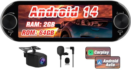 Hexinex Android 14.0 [2GB+64GB] Radio Coche 1 DIN Universal con Carplay y Android Auto Inalámbrico,Autoradio 1 DIN con Pantalla Táctil de 6.36” y Cámara Trasera, Admite WiFi/Bluetooth/FM,etc.