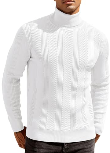 COOFANDY Maglione Collo Alto Uomo Maglione Lavorato a Maglia a Maniche Lunghe Maglioni Dolcevita Invernali Caldi Casual Slim Fit Lupetto Elegante Bianco XL