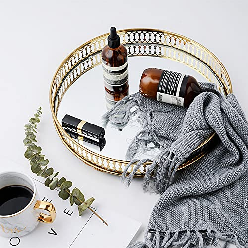 Metall Serving Tablett Gold Serviertablett Spiegeltablett mit Spiegel Glas Dekoratives, Servierplatte Rund Kosmetiktablett Aufbewahrung Tablett für Kosmetika Süßigkeiten 32x32cm