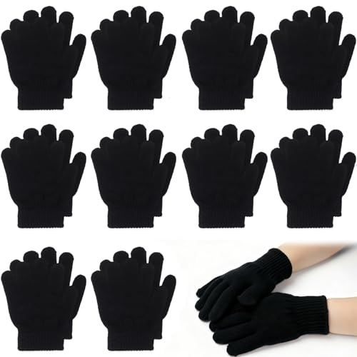 Grevosea 10 Pairs Kids Winter Gloves Full Fingers Knit Stretchy Warm Gloves Black Magic Glove Bulk for Boys Girls 5.5 3-8 Yeras(Black)