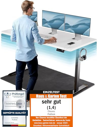 CLOUVOU ProDesk Höhenverstellbarer Schreibtisch 160x80 Elektrische Smart Steuerung, Memory Funktion, Kabelmanagement | Stufenlose Höhenverstellung 72-120cm (Metall Schwarz/Holz Weiß)