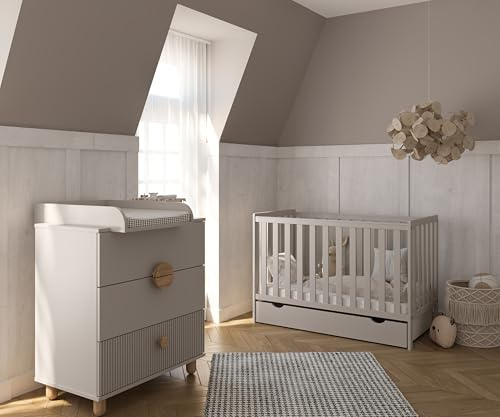 zee Bambi Cuna Bebé 120x60 cm Cachemira Set con Cajón Y Barrera + Cómoda Cambiador Loft Mueble Habitación Bebé Convertible En Cama Junior Cuna De Madera Resistente