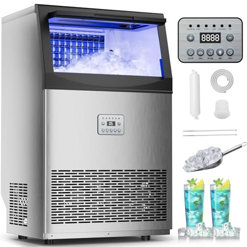 Commercial Ice Maker,200 lbs/24H,96 Cubes in 14 Mins,Stainless Steel Ice Machine with 33 lbs Storage Capacity,Water Filter,Self-Cleaning,Under Counter/Freestanding Ice Maker for Restaurant,Cafe,Home