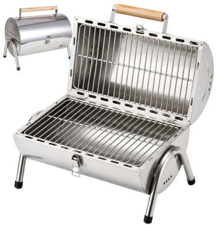 Relaxdays Parrilla de mesa, 2 superficies 34×21,5 cm, plegable, plateada | Ahumador, mango madera, acero inoxidable