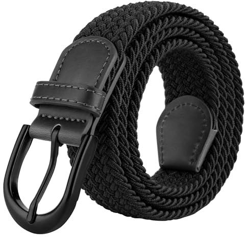 Mile High Life | Braided Stretch Elastic Belts | Pin Oval Solid Black Belt Buckle | PU Loop End Tip Men/Women/Junior Belt