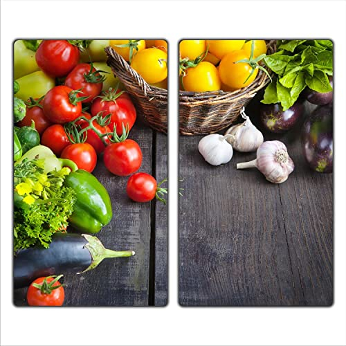 Herdabdeckplatte Abdeckung Ceranfeld Abdeckplatte Schneidebrett 2-Teilig 60x52 Gemüse Mehrfarbig Spritzschutz Glasplatte Ceranfeldabdeckung Schutz Herdschutz Sicherheitsglas Glasschneidebrett 2x30x52