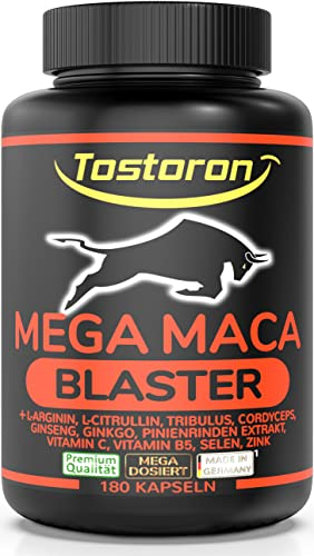 Tostoron MEGA MACA BLASTER hochdosiert - hol dir jetzt den TOSTORON HAMMER direkt nach Hause! 180 Kapseln MACA SCHWARZ, L-Arginin + Citrullin, Tribulus, Cordyceps, Pinie, Selen, Zink 1 Dose (1x158,4g)