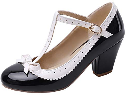 Etebella Damen T Strap High Heels Lack Pumps mit Blockabsatz und Schleife Rockabilly Vintage Schuhe (Schwarz,40)