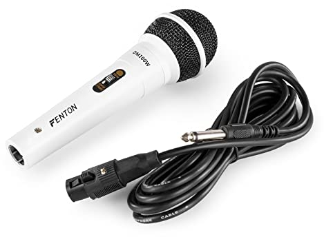 Fenton DM100W Micrófono dinámico con Interruptor y patrón Polar cardioide, Cable XLR de 3 Metros y Conector Jack de 6,3 MM, Micrófono para DJ, Canto, Karaoke, Discursos, Blanco