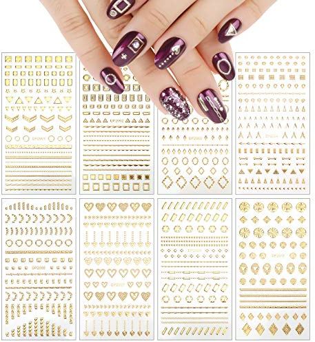 VETPW 8 Hojas Pegatinas para Uñas, Oro 3D Pegatinas de Uñas Autoadhesivas, Metálico Nail Art Stickers Calcomanías Uñas Etiquetas Engomadas para Decoración de Uñas Manicura DIY