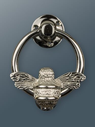 Bee Door Knocker for Front Door | Polished Solid Brass Bee Ring | Knockers with Strike Plate | UPVC | Bumblebee Front Door Furniture with a Unique Design (Silver)