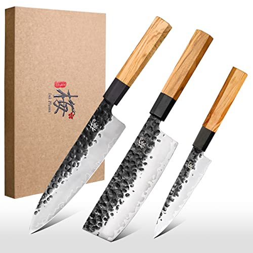 Ink Plums 3 Pieces Kitchen Knife Set, Chef Knife, Usuba Knife, Paring knife, High Carbon Stainless Steel With Professional Hand Forged (Olivewood Handle & Gift Box)
