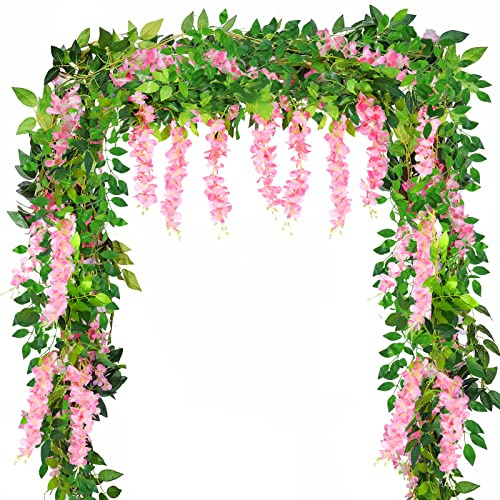 Yueshop 4x8Ft Artificial Wisteria Vine Garland Artificial Flowers Plants | Pink Wisteria Flower Garland, Artificial Hanging Plants Flowers, Wisteria Plant Fake Flowers, Garden Home Wedding Decoration