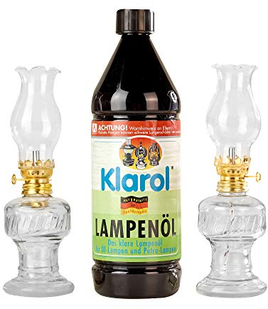 2x Öllampe aus Glas mit goldener Drehfassung 21 cm im Set mit Klarol Lampenöl 1ltr.