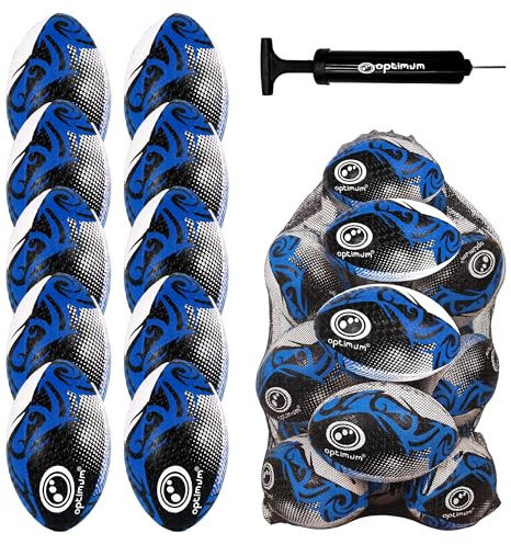 Optimum Razor Rugby Ball Bulk Pack with Bag & Ball Pump, Professional Training & Match-Day Ball, Natural Rubber Grip & Balanced Weight for Elite Handling, Control & Accuracy – 10 Pack, Blue, Size 4