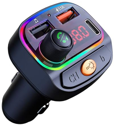 PELIGO FM-Transmitter mit Ambientelicht + Rauschunterdrückung, KFZ-Adapter, USB,Typ-C Anschluss, kabelloses 5.0 Bluetooth, Freisprechfunktion, MP3-Player, Hi-Fi-Bass-Unterstützung, Bluetooth Adapter