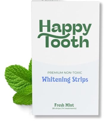 Happy Tooth Natural Teeth Whitening Kit, Strips for Sensitive Teeth, Enamel Safe, Dentist Formulated, Fluoride Free, Natural Ingredients, Gentle Daily Use, 28 Strips, 14 Treatments, Fresh Mint Flavor