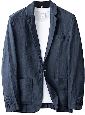 GIBZ Men Blazer Casual Loose Fit Linen Suit Jacket Slit Notch Lapels 1 Button Lightweight Sport Coat with Pocket Blue M