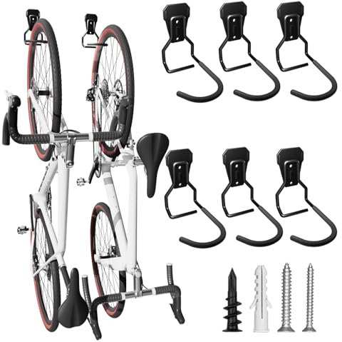 Wallavant Wall Mount Bike Hooks, Bike Hooks for Garage, Vertical Bike Hanger for Indoor Use, Heavy Duty with 8mm Thick Steel Frame, 6PCS Storage System, Black