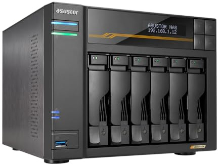 Asustor Lockerstor 6 Gen3 AS6806T 6 Bay NAS Netzwerkspeicher, AMD Ryzen Quad-Core 2.3 GHz, 16GB RAM ECC DDR5, 4 M.2 NVMe Slots, Dual 5GbE & Dual 10GbE Port, USB4 Type-C, Network Attached Storage