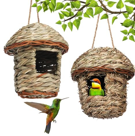 2 Pack Straw Bird Nest,Woven Bird House Hanging Bird Hut Nest Shelter,Wild Birds Hanging Roosting Pouch Hatching Breeding Cave Birdhouses for Outside Outdoor Garden Birds