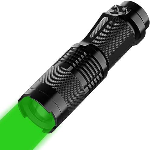 MVIOCS Mini LED-ficklampa grön/röd/blått ljus, 3 ljuslägen, vattentät zoombar ficklampa för utomhusbruk, robust metallficklampa för camping, nattobservationsaktivitet, nödanvändning (grön)