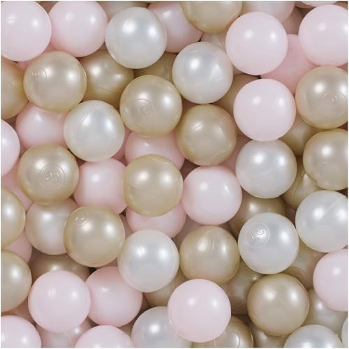 MISIOO Lot de 150 balles pour Piscine à balles - Diamètre : 6 cm - Balles en Plastique 100% polyéthylène Basse densité - Rose Clair/Perle/doré - Parfait pour Jouer en Toute sécurité dans la Chambre