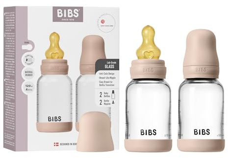 BIBS Nappflaska i glas, 120ml, 2-pack, Sugdel i naturgummi, Blush | Kolikmotverkande | Långsamt flöde | Stödjer amning | Tillverkad i Danmark