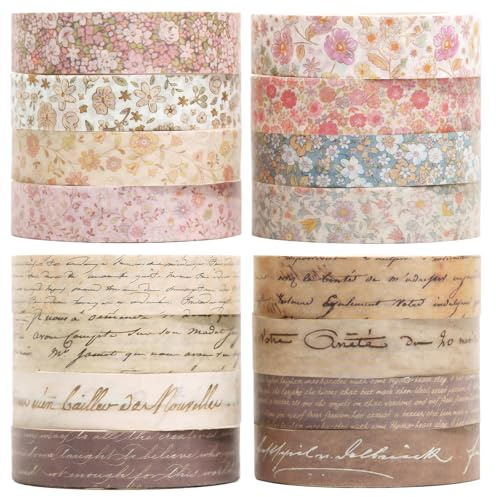 KEORHEZ 16 Rotoli Washi Tape Motivi Floreali Retrò E Scritte a Mano Washi Tape Scrapbooking per Lavori Fai Da Te Album Di Ritagli E Diari a Mano